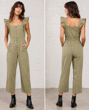 Molly Green Womens Small Olive Green Ruffle Strap Cotton Jumpsuit